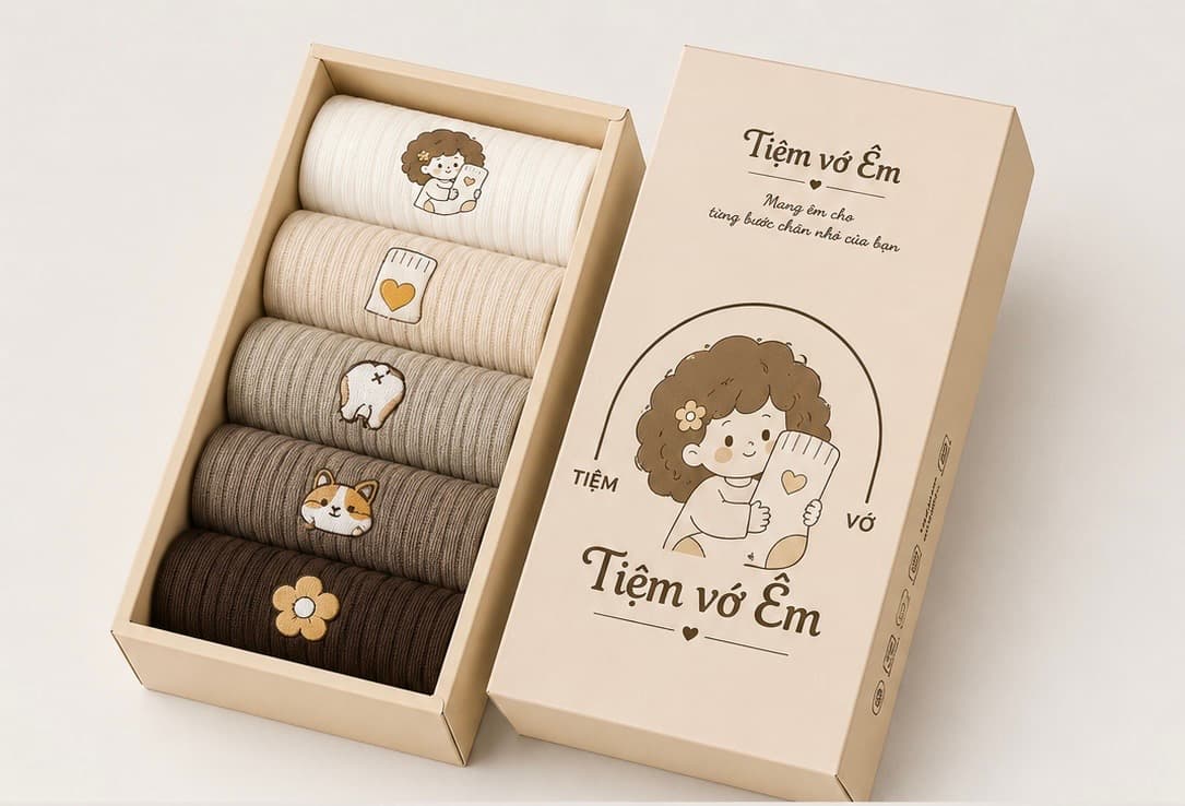 Hộp vớ và mascot Tiệm vớ Êm